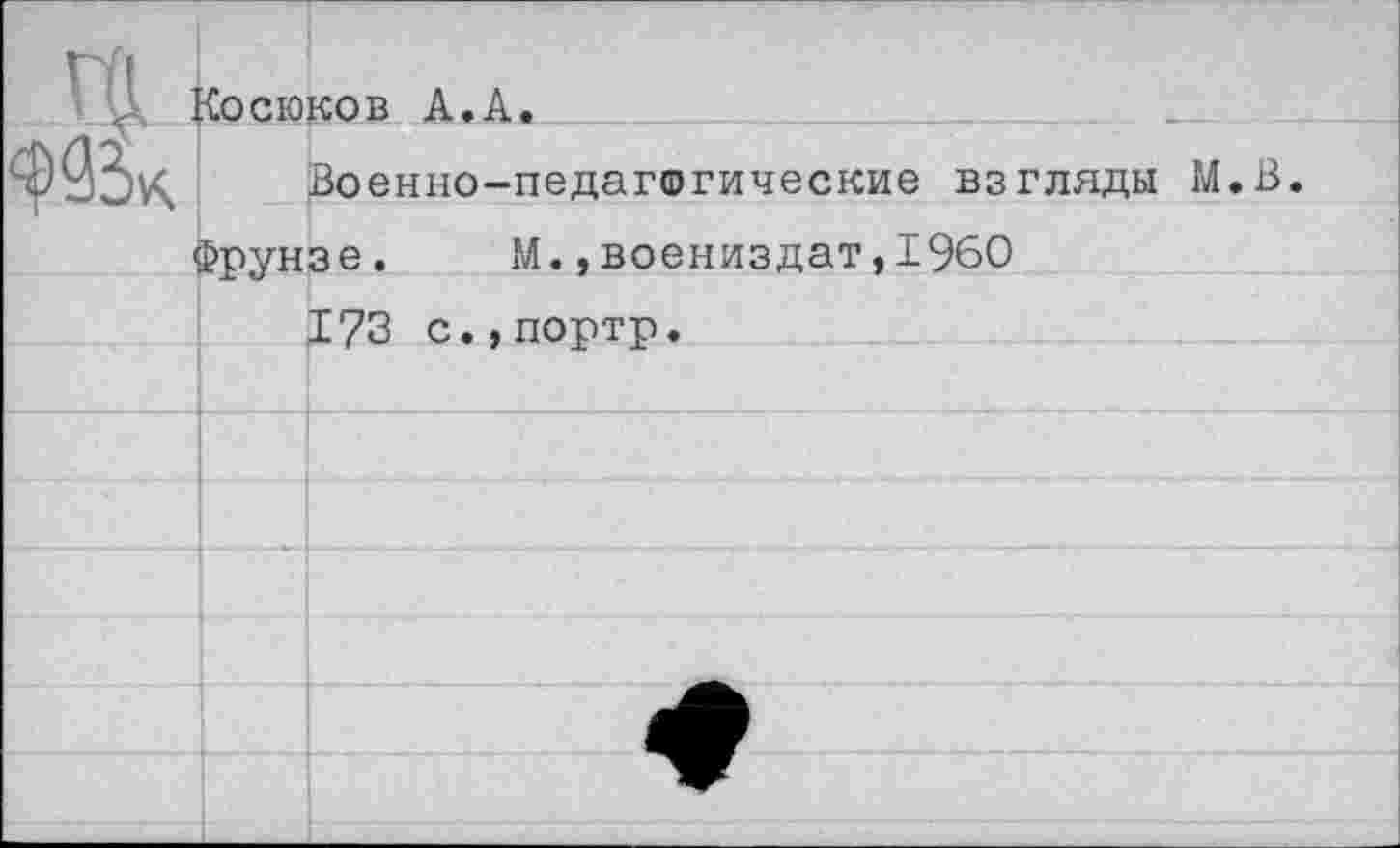 ﻿Косюков А.А.
Военно-педагогические взгляды М.В.
Фрунзе. М.,воениздат,1960
173 с.,портр.